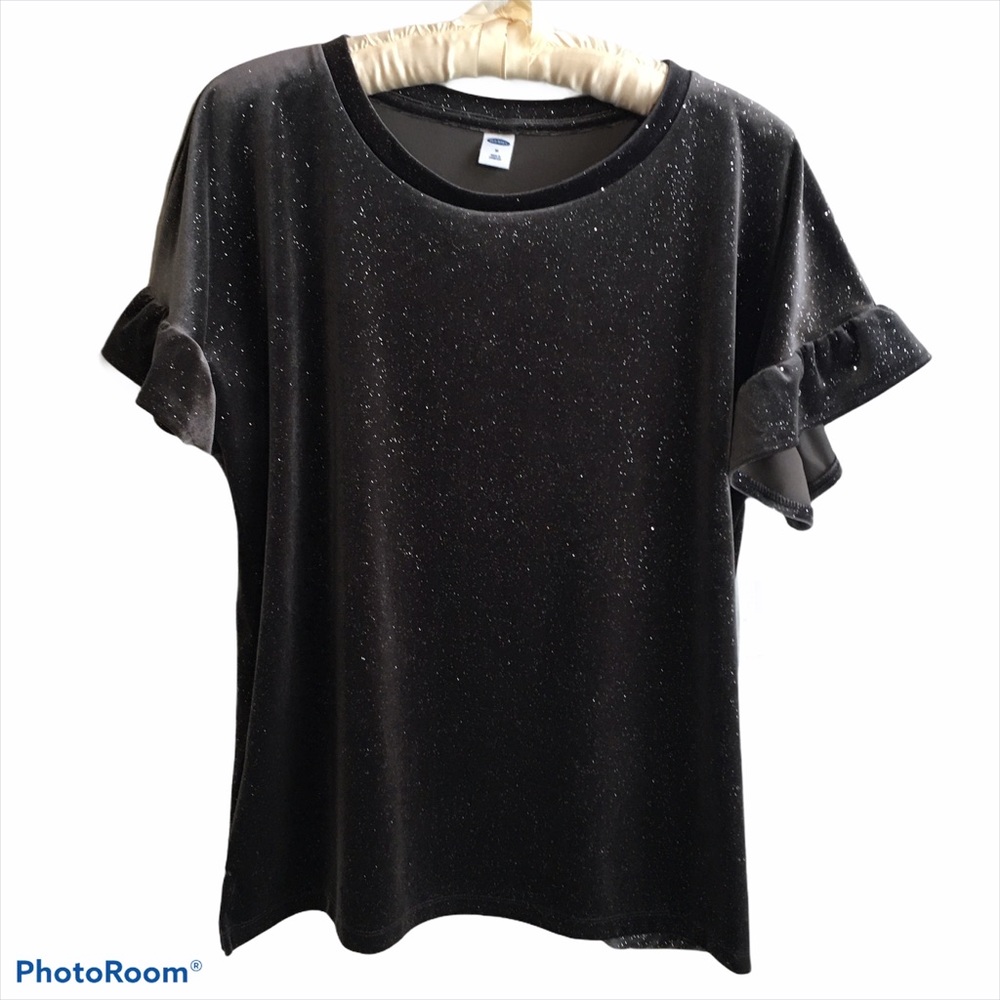 Charcoal Grey Ruffled Velvet Sparkle Short Sleeve Shirt Size M